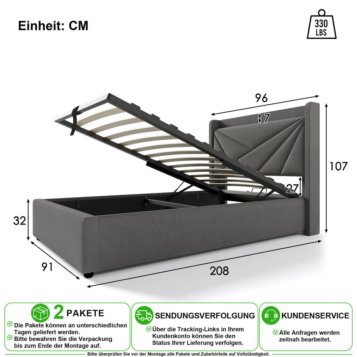 ČALOUNĚNÁ POSTEL 90/200 cm v šedé barvě s úložným prostorem, USB a Type-C - šedá, kov/kompozitní dřevo (90/200cm) - CHICFURN