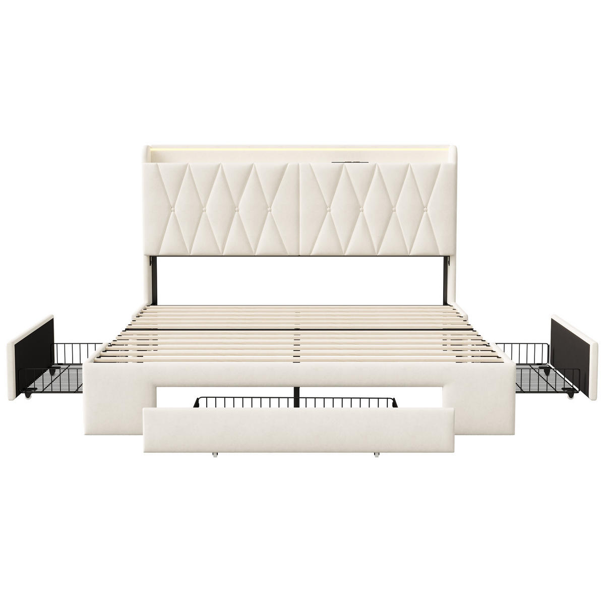 STAURAUMBETT 140/200 cm, mit 3 Schubladen, LED, USB-Ladeanschluss, Lattenrost, Beige - Beige, Holzwerkstoff (140/200cm) - Brevoria