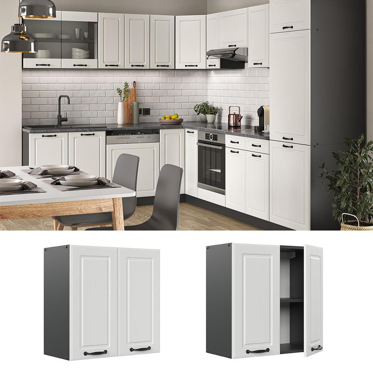 HÄNGESCHRANK R-Line Weiß Landhaus 60 cm - Anthrazit/Weiß, Holzwerkstoff (60/60/31cm) - Vicco