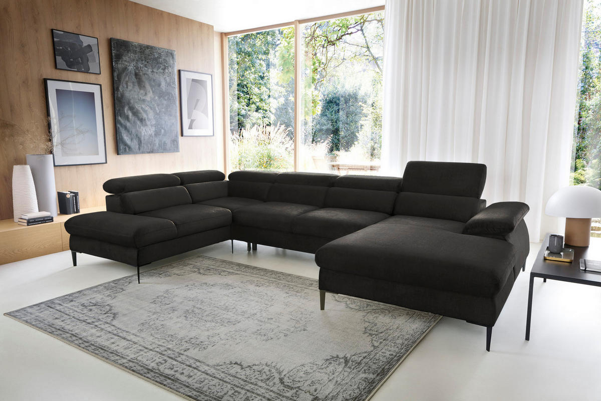 ECKSOFA U-Form 350 cm Amaro M mit Schlaffunktion, Rechts, Schwarz - Schwarz, Holz (353/214cm) - Emporius