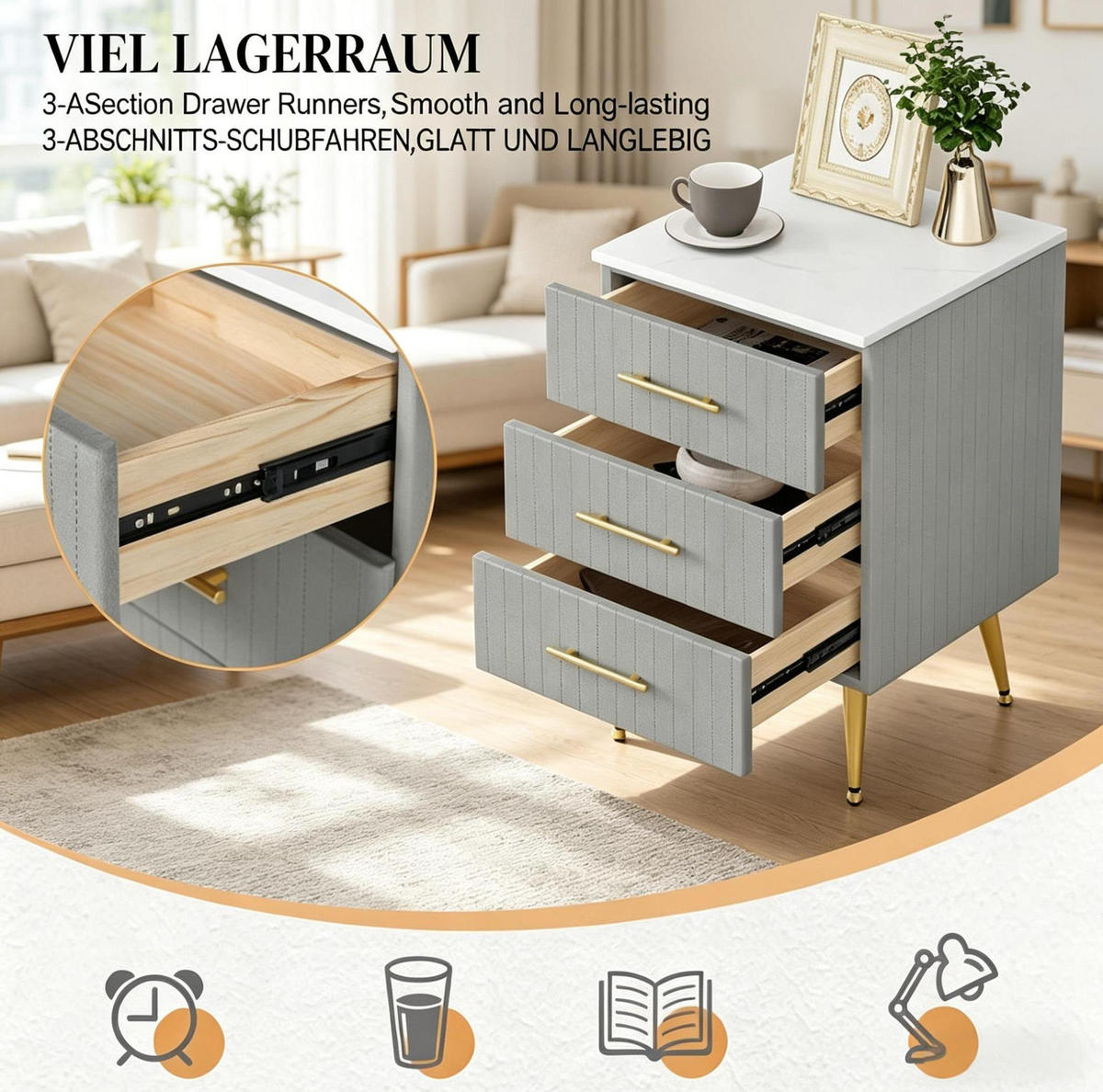 NACHTTISCH aus MDF mit Samt 41x40,5x62 cm Grau mit 3 Schubladen und goldfarbenen Metallbeinen - Grau, Holzwerkstoff (62/41/40.5cm) - Modfu
