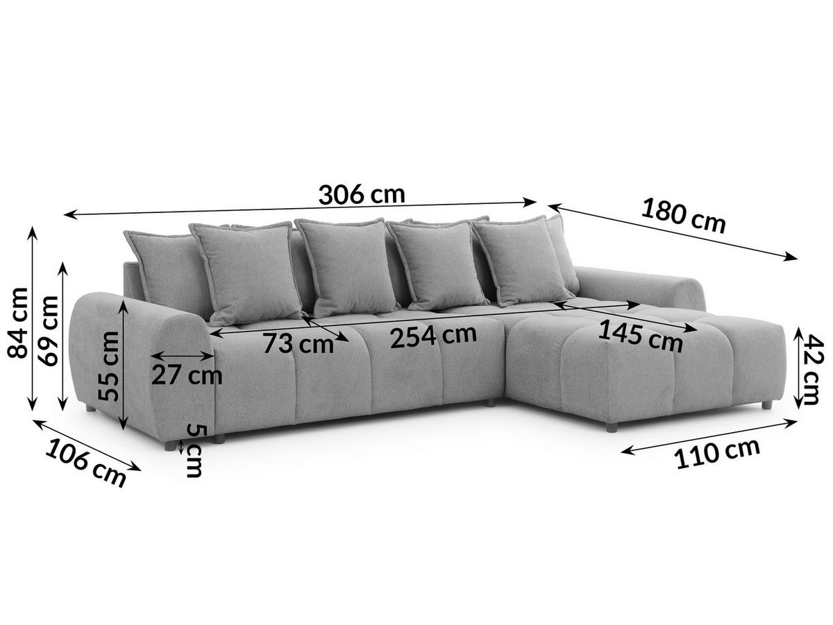 ECKSOFA inkl. Hocker Bubble mit Schlaffunktion und losen Rückenkissen, Sitzfläche Bubble-Optik aus weichem Grau Strukturstoff - Ottomane Rechts - Schwarz/Grau, Holz/Kunststoff (306/180cm) - S-Style Möbel