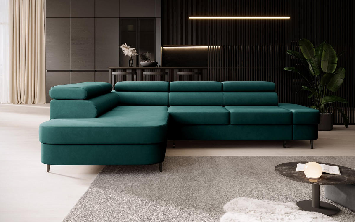 ECKSOFA Priam L-Form mit Schlaffunktion und Stauraum Modern Form Grün - Dunkelgrün, Holz/Textil (275/203cm) - Muffo