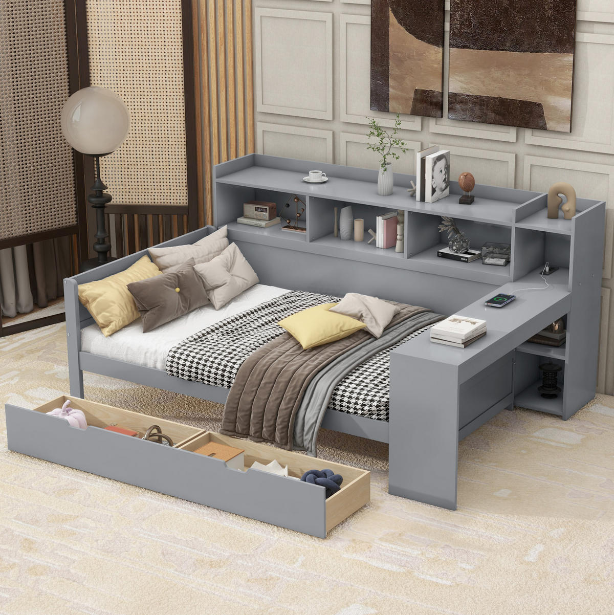 MULTIFUNKTIONSBETT 90/200 cm mit Nachttischablage Schreibtisch und USB-Anschluss Grau - Grau, Holzwerkstoff (90/200cm) - OKWISH