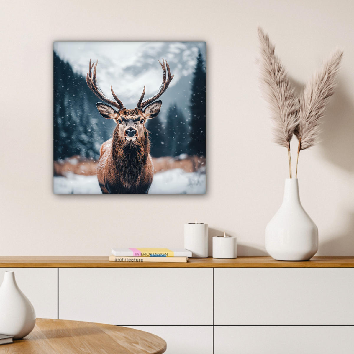 LEINWANDBILD Hirsche - Tiere - Landschaft - Winter - Schnee 50x50 cm - Kastanienfarben, Textil (50/50cm) - MuchoWow