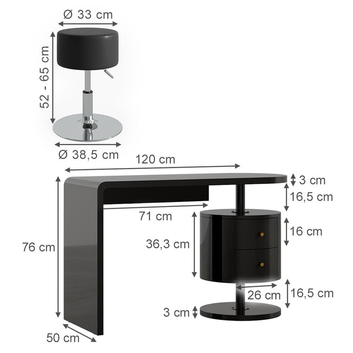 SCHMINKTISCH Lara Schwarz Hochglanz 120 cm 2 Schubladen - Schwarz Hochglanz, Holzwerkstoff (50/120/76cm) - Vicco