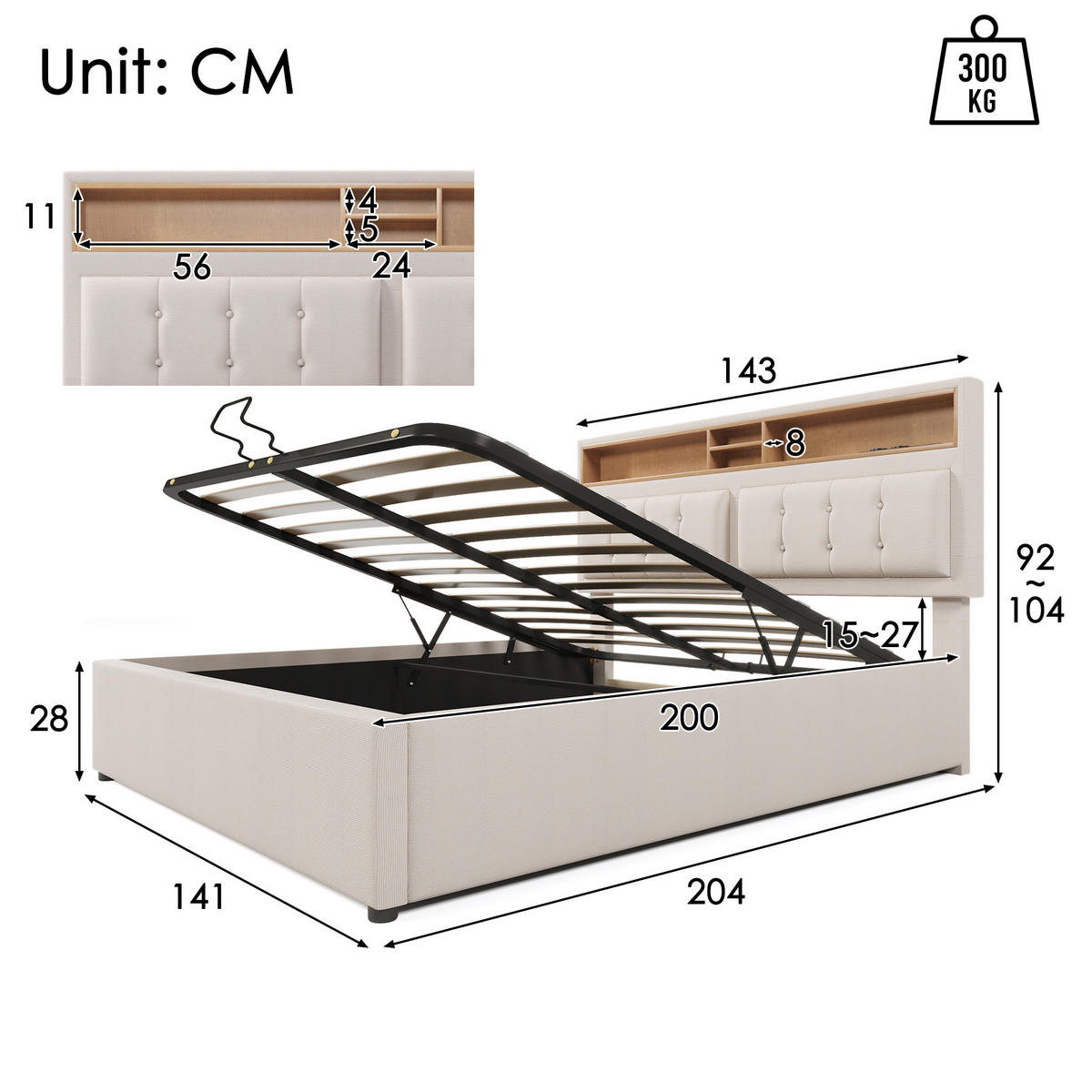 POLSTERBETT 140/200 cm Beige aus Leinen mit Stauraum und USB-C-Anschluss - Beige, Textil (140/200cm) - OKMYHOME