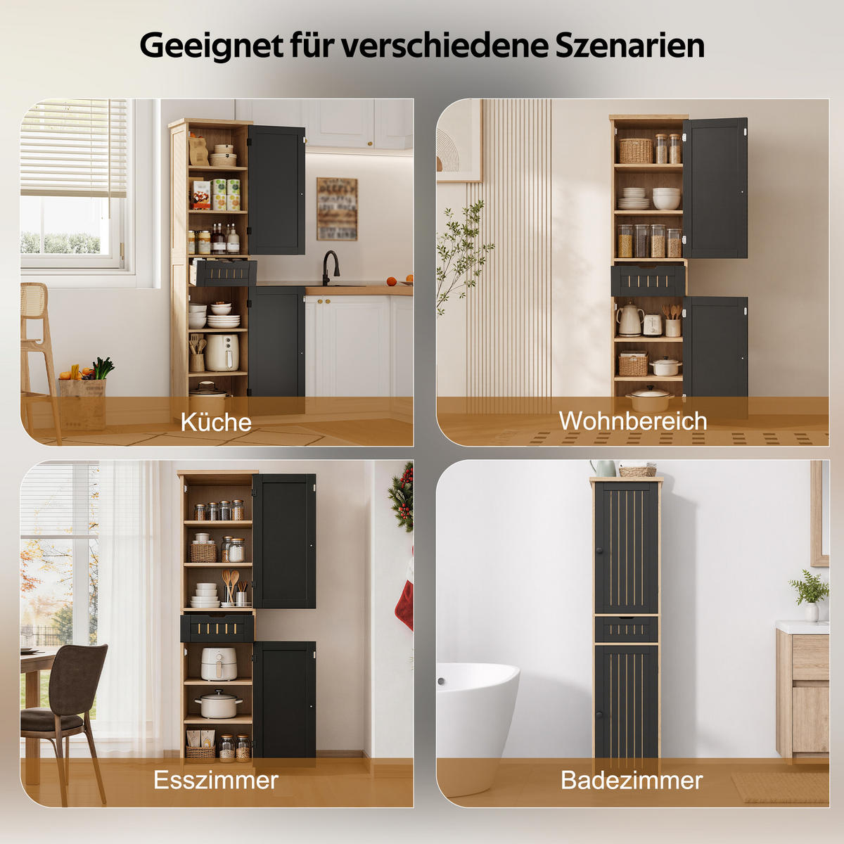 KÜCHENSCHRANK Schwarz-Naturfarben aus MDF mit Retro-Gittertüren 170 × 40 × 30 cm - Naturfarben, Holzwerkstoff (40/170/30cm) - Luhomfu