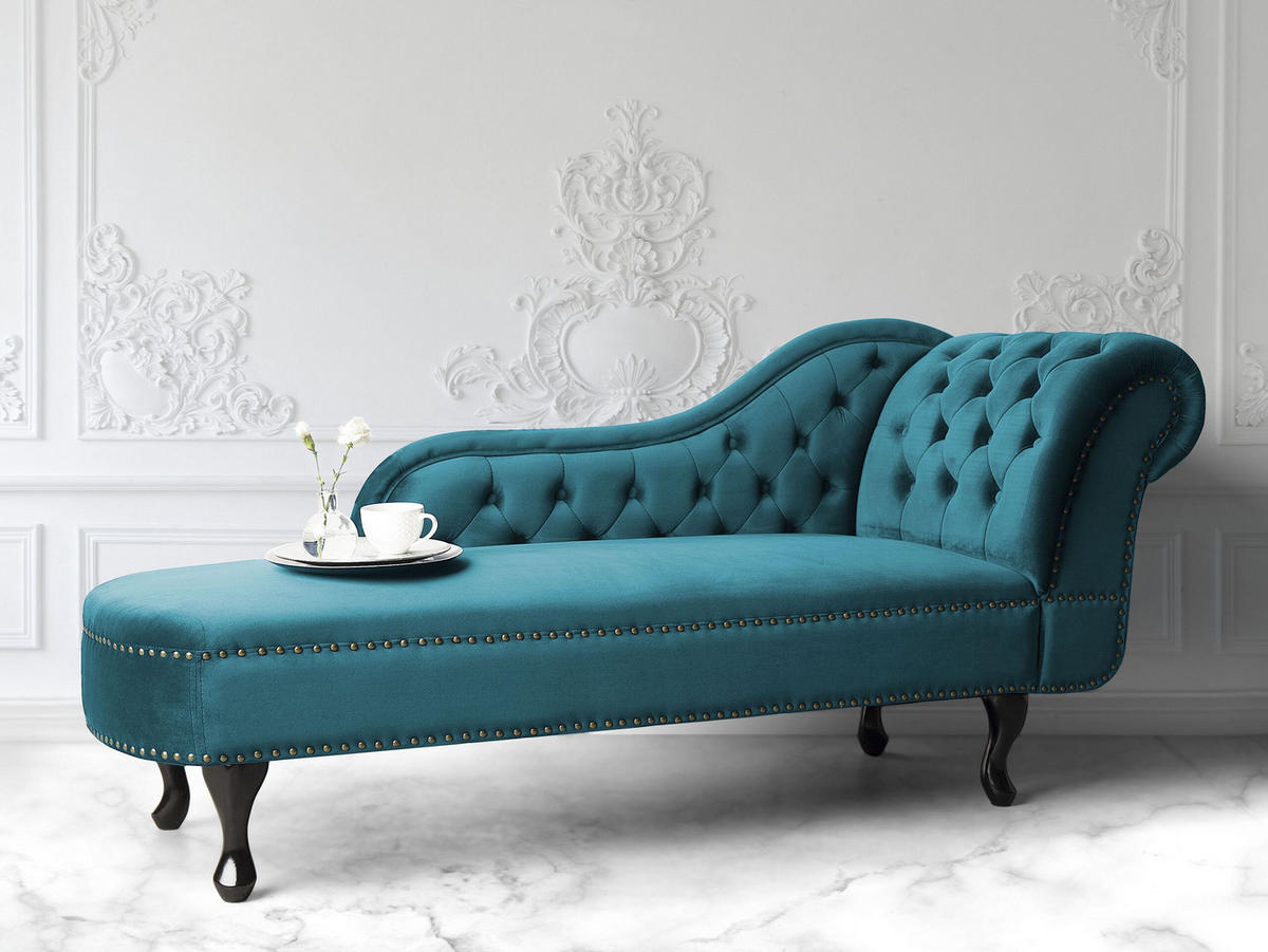 CHAISELONGUE Samtstoff blaugrün rechtsseitig Nimes - Dunkelbraun/Blaugrau, Textil (170/79/61cm) - Beliani