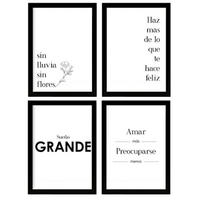 POSTER Set mit 4 Glücklich TypografieStil A3 Schwarzer Rahmen - Schwarz, Papier (29.7/3cm) - Nacnic