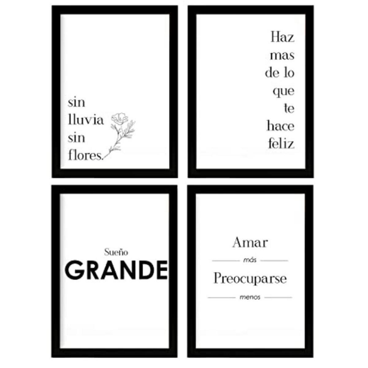 POSTER Set mit 4 Glücklich TypografieStil A3 Schwarzer Rahmen - Schwarz, Papier (29.7/3cm) - Nacnic