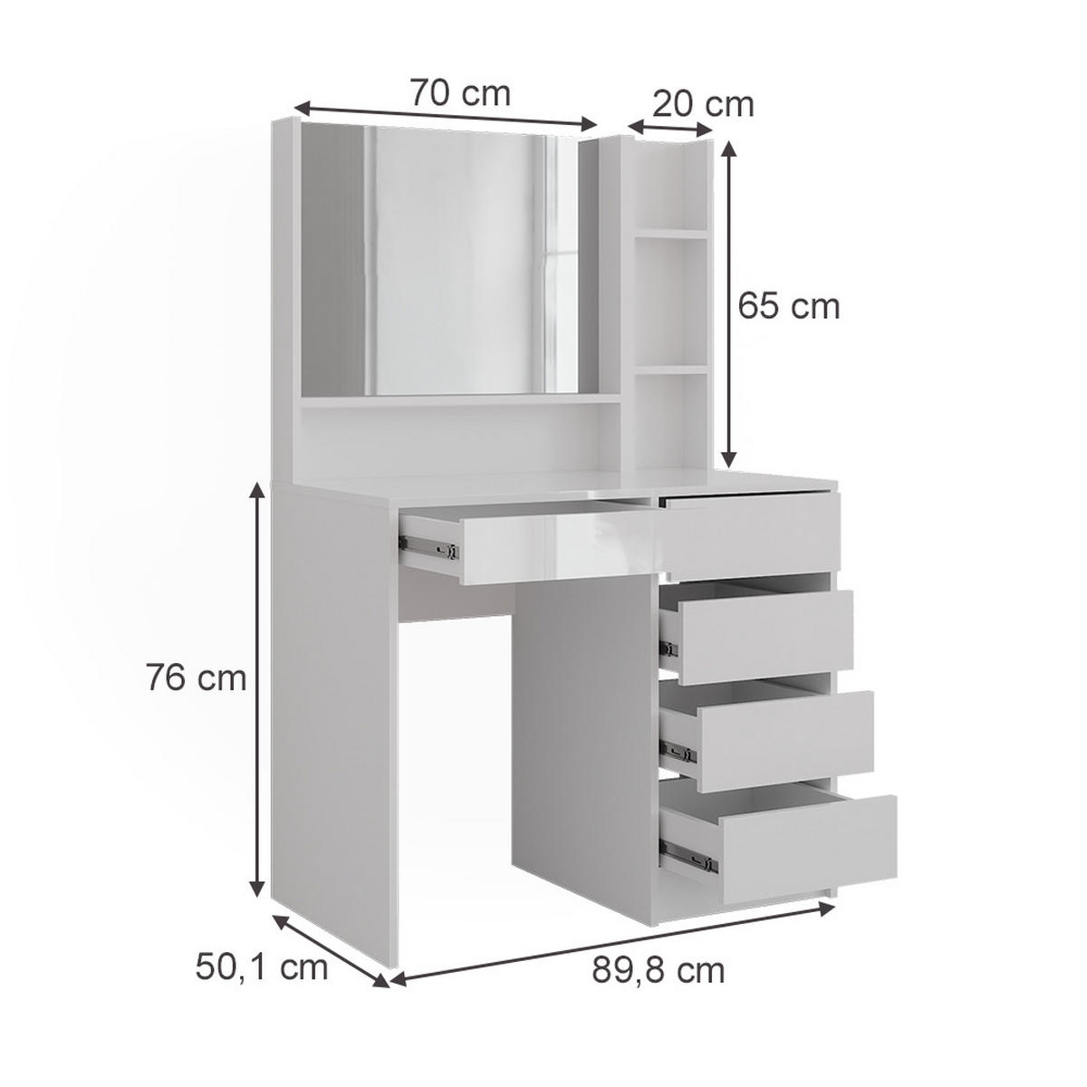SCHMINKTISCH Sherry Weiß/Weiß Hochglanz 89.8 cm 3 Teile - Weiß Hochglanz, Holzwerkstoff (50.1cm) - Vicco