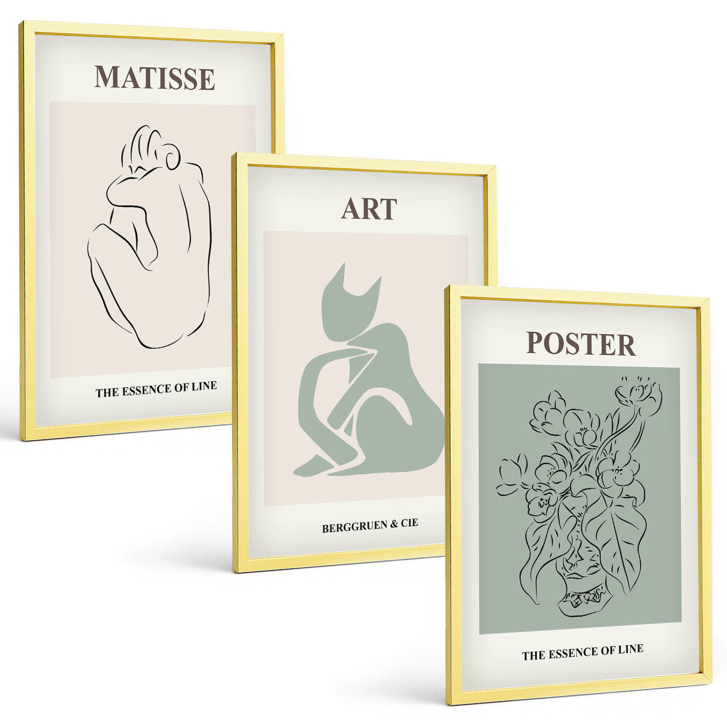 BILDER SET 3er Set - 40x60 cm Goldrahmen - Matisse Grün Beige Poster - Goldfarben, Kunststoff (40/60cm) - TULUP