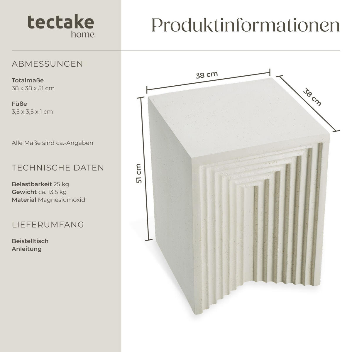BEISTELLTISCH Aline, 38 x 38 x 51 cm, creme - Creme, Keramik (38/38/51cm) - tectake