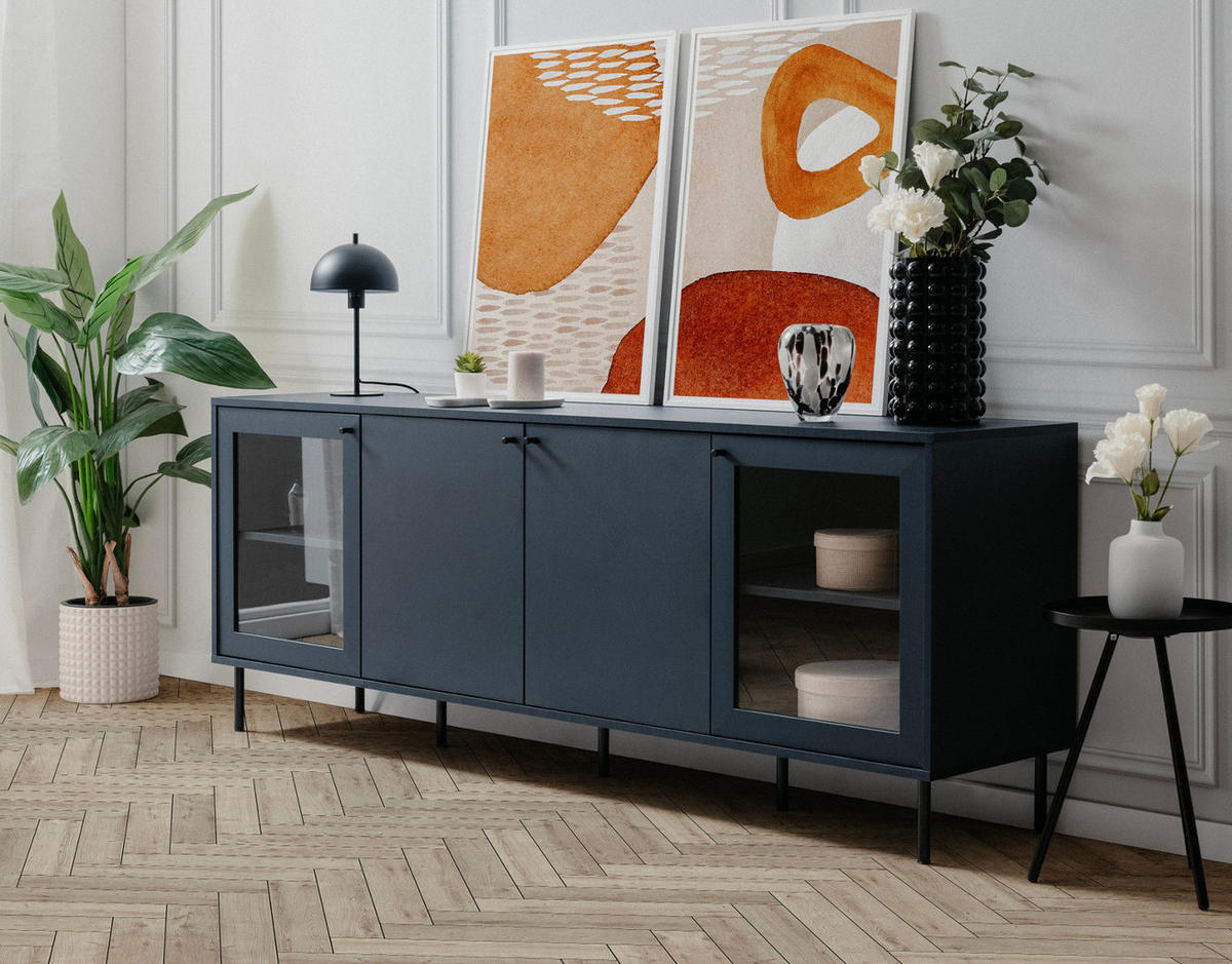 SIDEBOARD blau 180 cm, Kommode 4-türig mit viel Stauraum - Blau/Schwarz, Glas/Holzwerkstoff (180/68/40cm) - Furn.Design