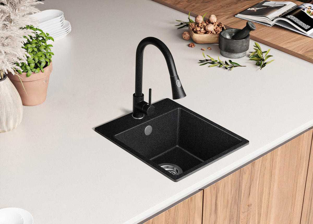 SPÜLBECKEN Riga Easy, 2-er set Anthrazit 38/44 cm 1 Becken + Ablauf-Set ab 40er Unterschrank - Chromfarben/Anthrazit, Kunststoff (38/19/44cm) - Primagran
