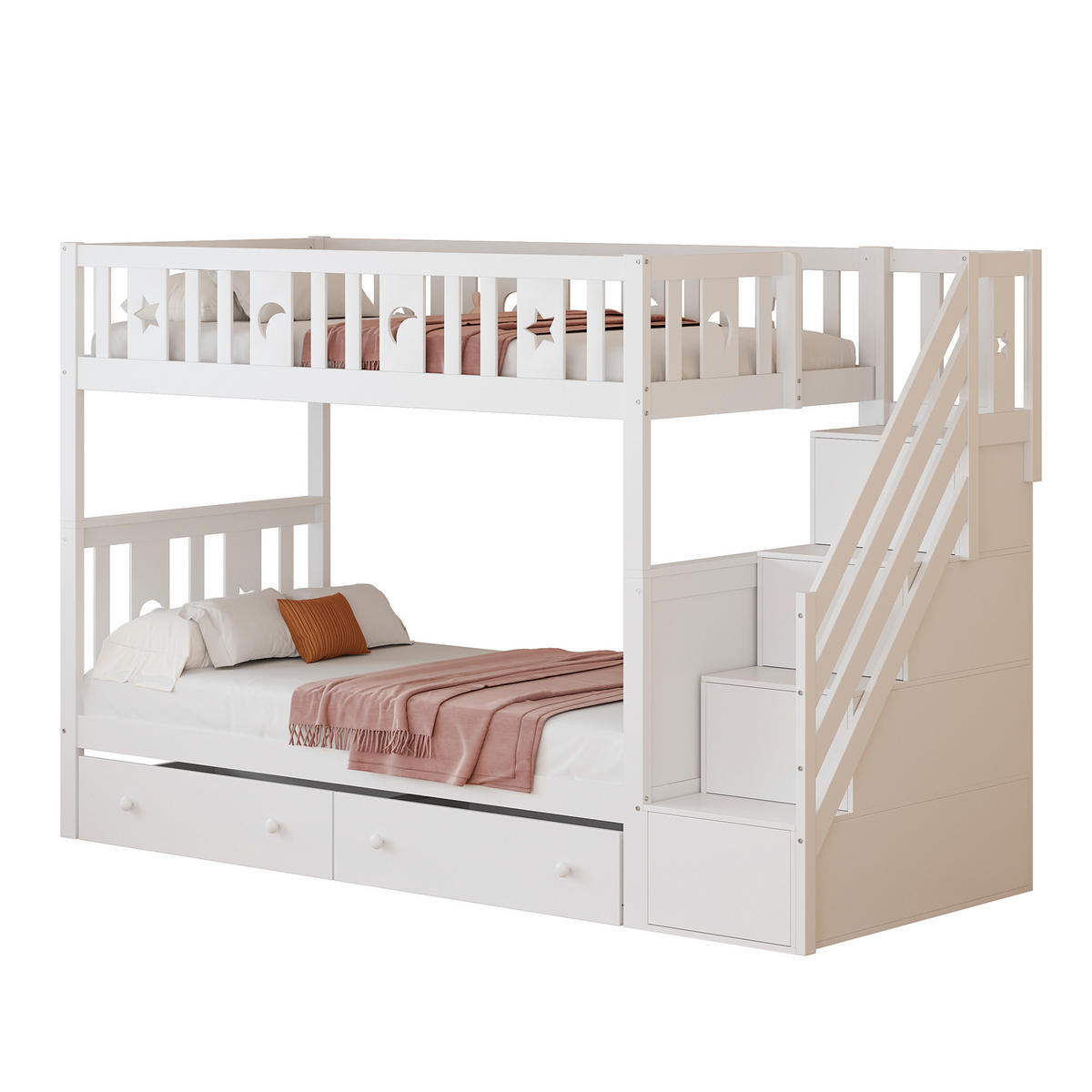 ETAGENBETT 90/200 cm Weiß mit Stauraumtreppe und 2 Schubladen - Weiß, Holz (90/200cm) - Flora Grace