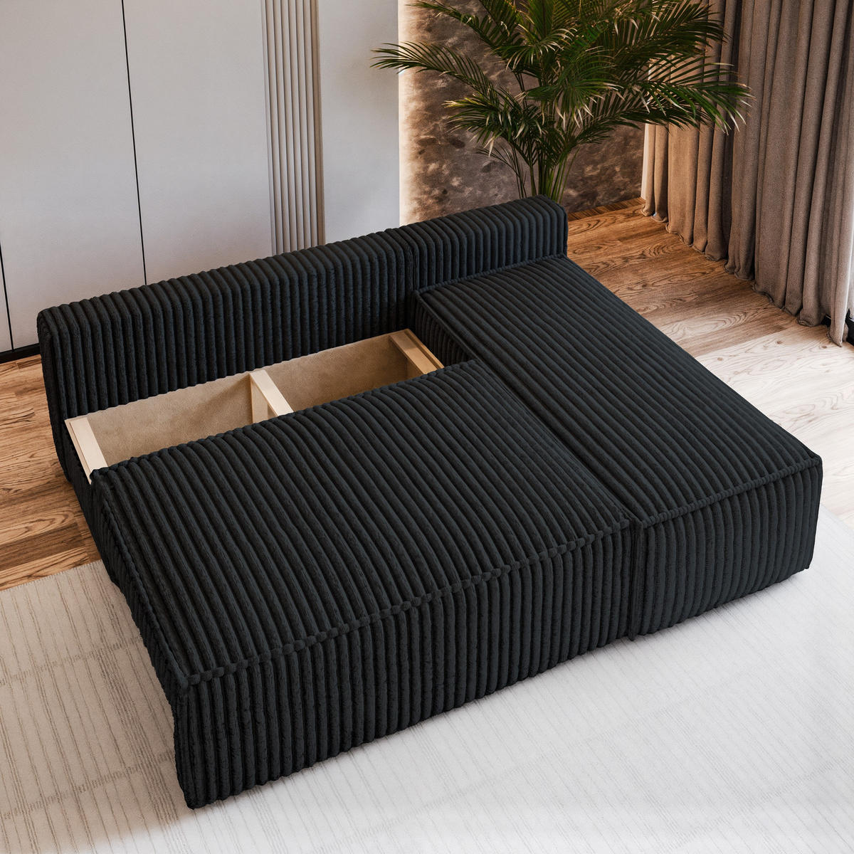 ECKSOFA BRISO T Schwarz Kordstoff mit Schlaffunktion - Schwarz, Holz (200/140cm) - MASSENO