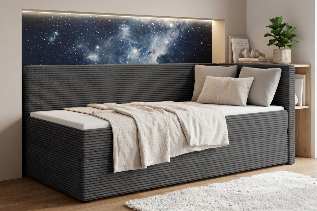 BOXBETT ROBERTO 90/200 in Cord Anthrazit H4 rechts - Anthrazit, Holz/Holzwerkstoff (90/200cm) - Deine Möbel 24