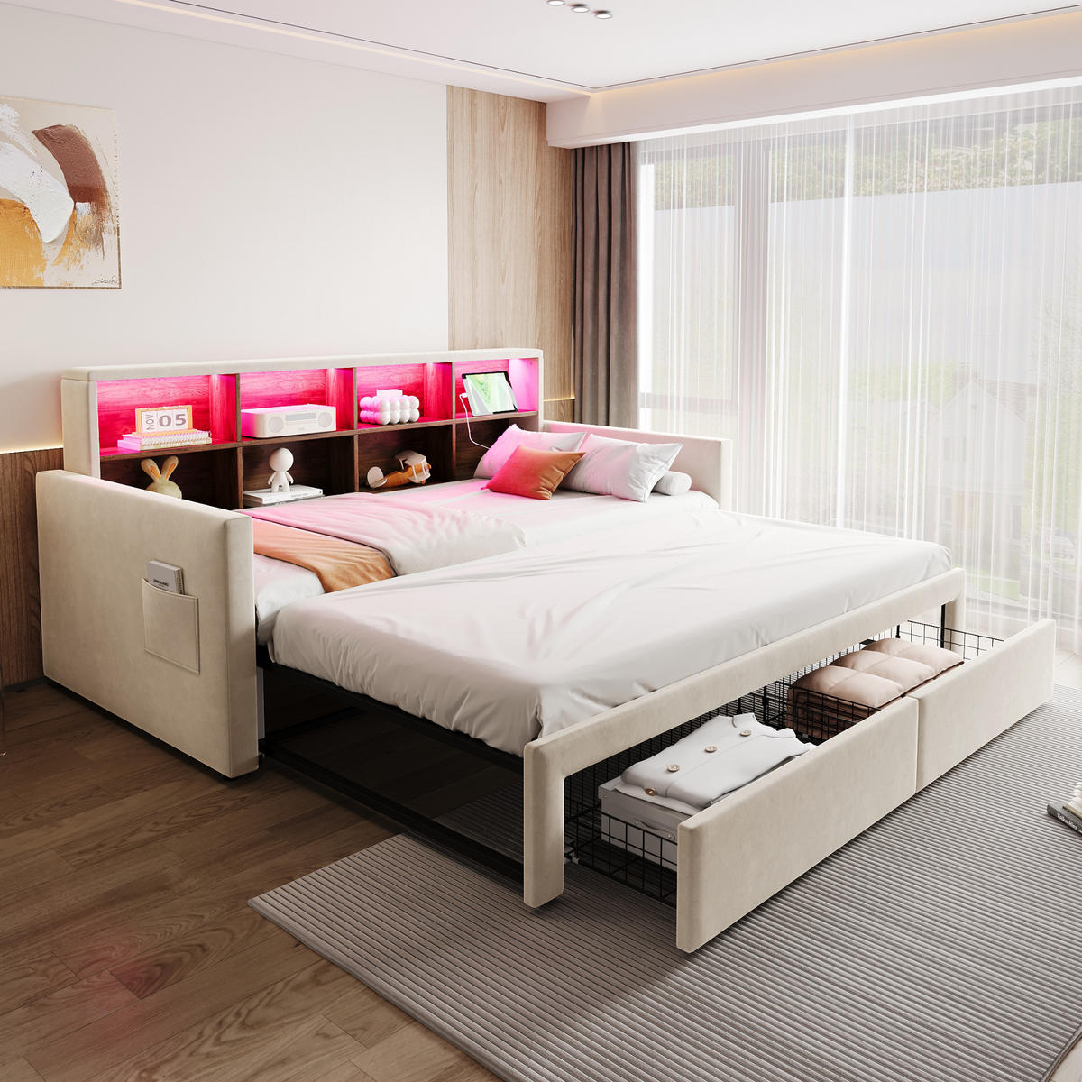 POLSTERBETT 90/190 cm Beige aus Samt mit Stauraum und LED-Beleuchtung - Beige, Textil (90/190cm) - OKWISH