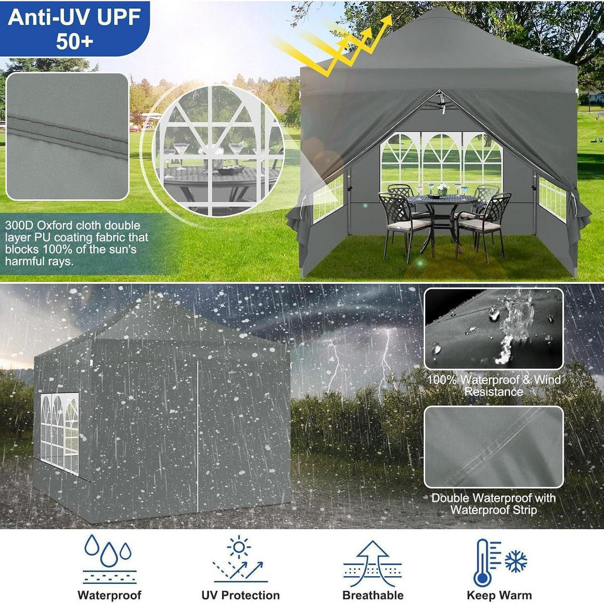 FALTPAVILLON 3x3 m Grau wasserdicht mit 4 Seitenteilen - Grau, Textil (300/328/300cm)