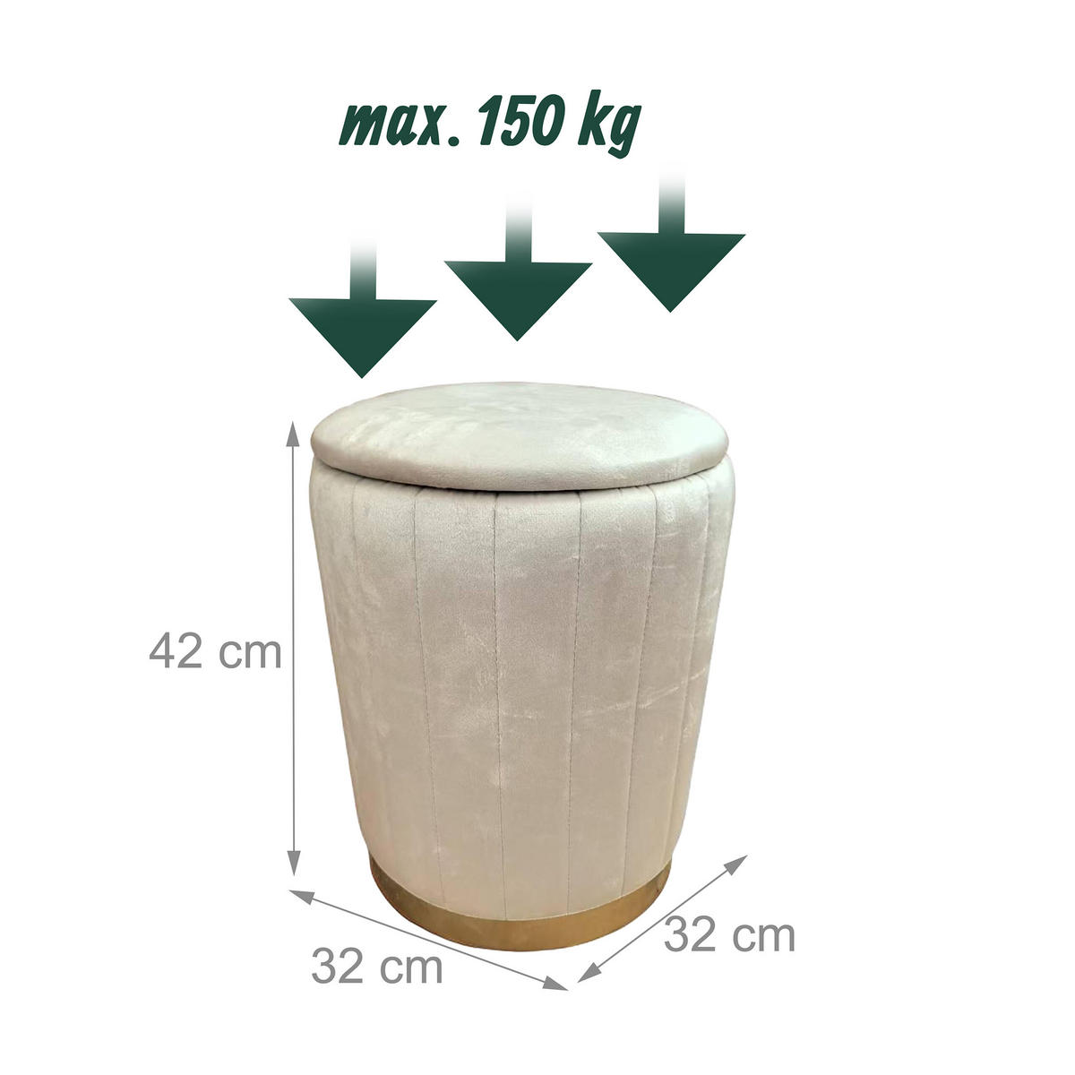 HOCKER Beige Samt mit Stauraum Metallfuß Gold - Beige, Holzwerkstoff/Textil (32/42/32cm) - Relaxdays