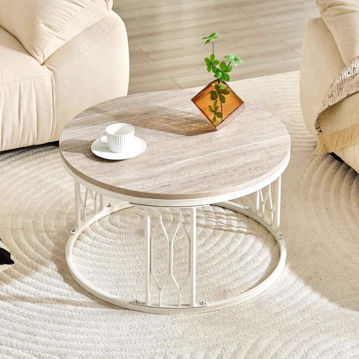 COUCHTISCH DE-37365 rund mit Holzoptik Weiß - Weiß, Metall (70/70/40.5cm) - ComfortXL
