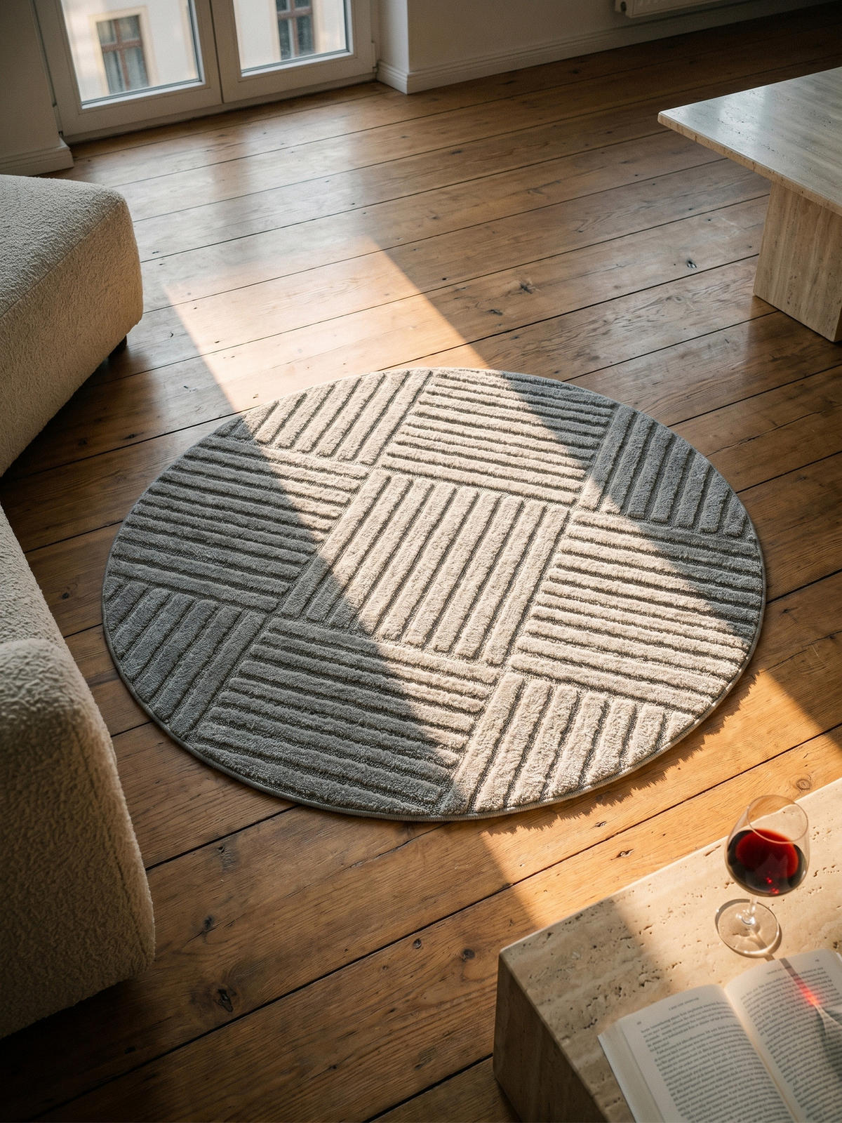 TEPPICH Hochflor RIGI in Silber, mit Cord-Streifen-Patchwork, Ø 200 cm - Silberfarben, Textil (200/200cm) - KADIMA DESIGN