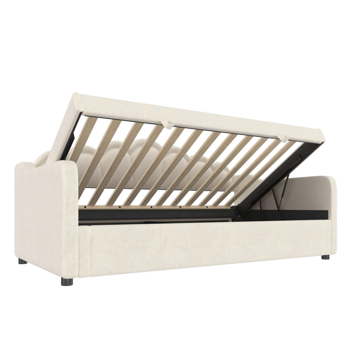 TAGESBETT 90/200 cm beige mit hydraulischem Stauraum und LED-Beleuchtung - Beige, Textil (90/200cm) - OKWISH