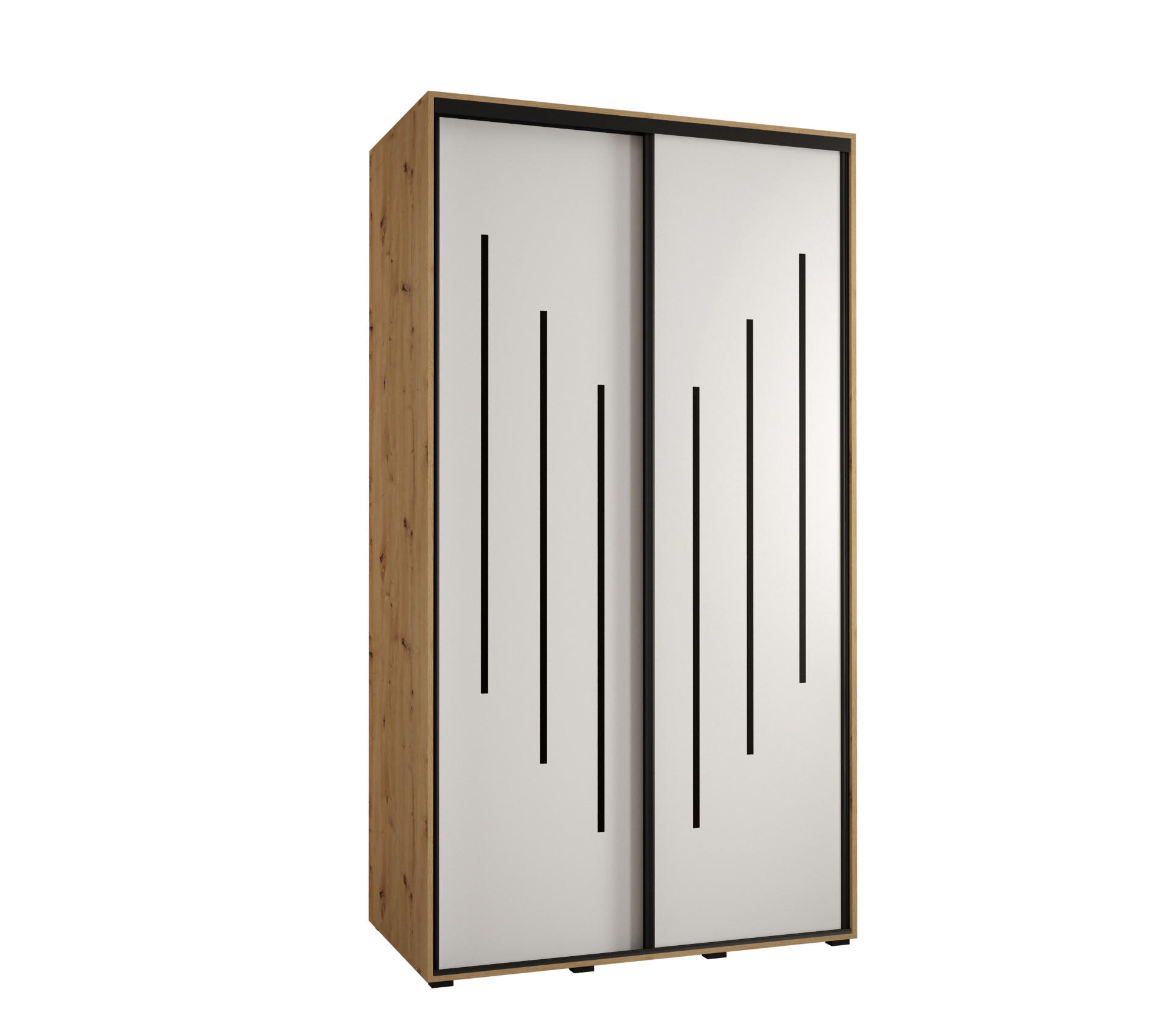 Abiks Möbel Schwebetürenschrank Eiche Artisan, Weiß, Schwarz 130x235x60 cm
