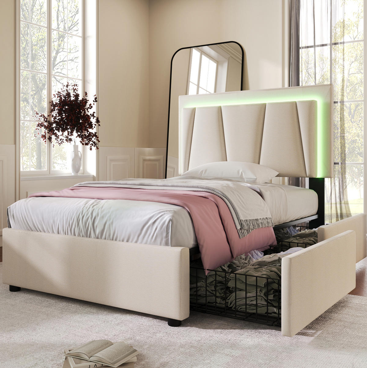 POLSTERBETT 90/200 cm Beige mit LED-Beleuchtung und 2 Schubladen - Beige, Holzwerkstoff (90/200cm) - Flora Grace