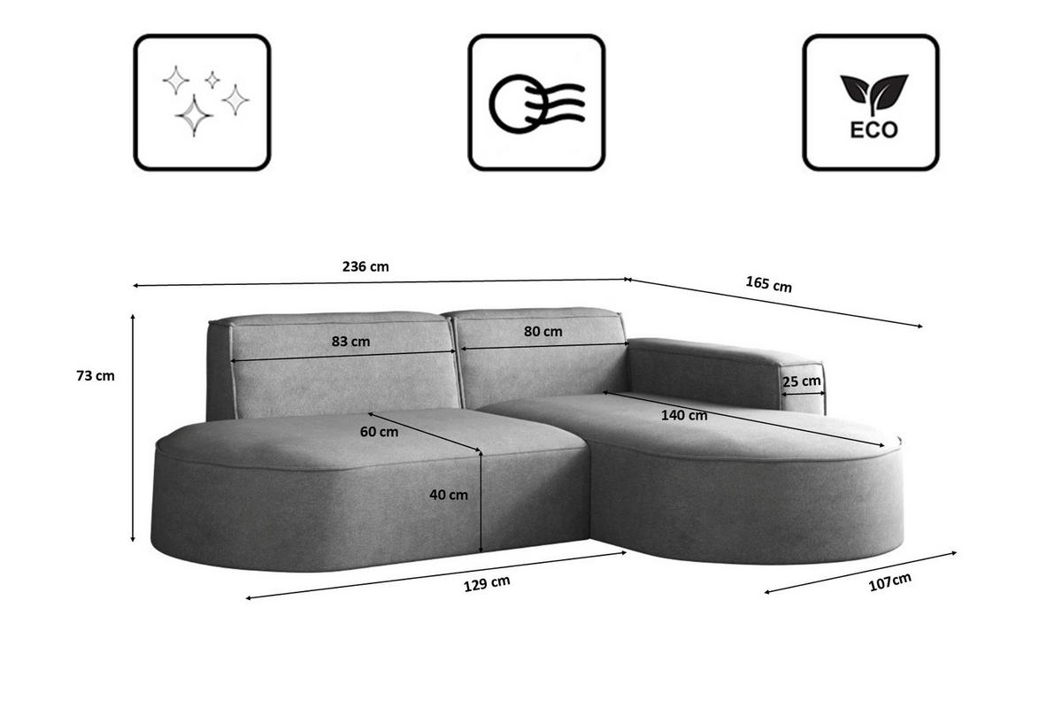 ECKSOFA Modena Modern Und Komfort Velours Stoff Salvador Rechts Grau - Grau, Holz/Textil (236/165cm) - Kaiser Möbel