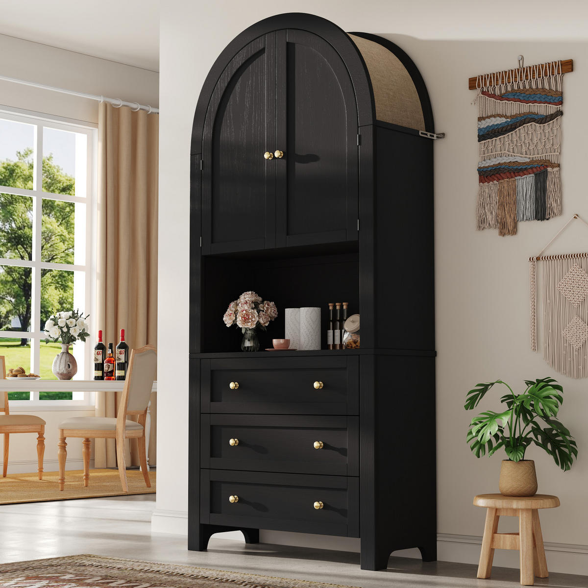 SIDEBOARD Schwarz, Türen, Schubladen, offene Bogenregale - Schwarz, Holz (70/180/35cm)