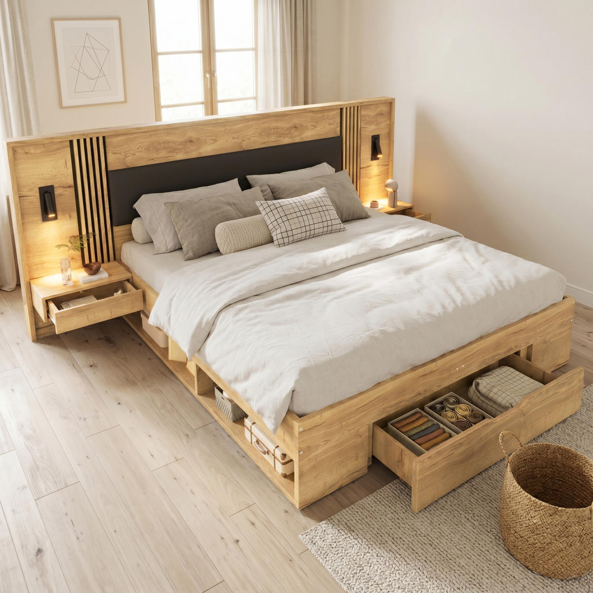 BETT 160/200 cm in Natur mit Schublade, Stauraum, Leselampen und Nachttischen MDF modern - Naturfarben, Holzwerkstoff (160/200cm) - STILVORA