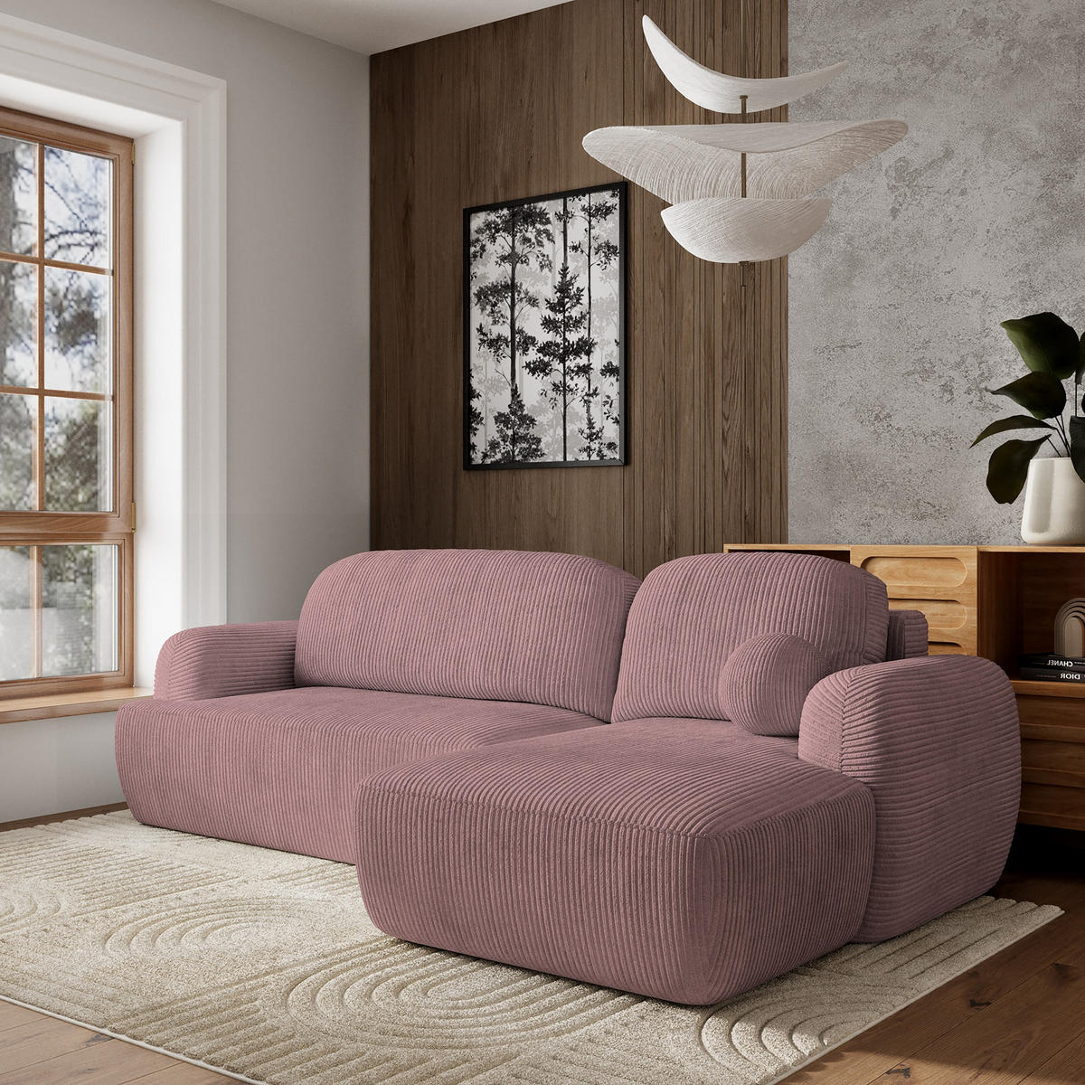 ECKSOFA MODENZA P R-S Lila Kordstoff mit Schlaffunktion - Lila, Holz (266/148cm) - MASSENO