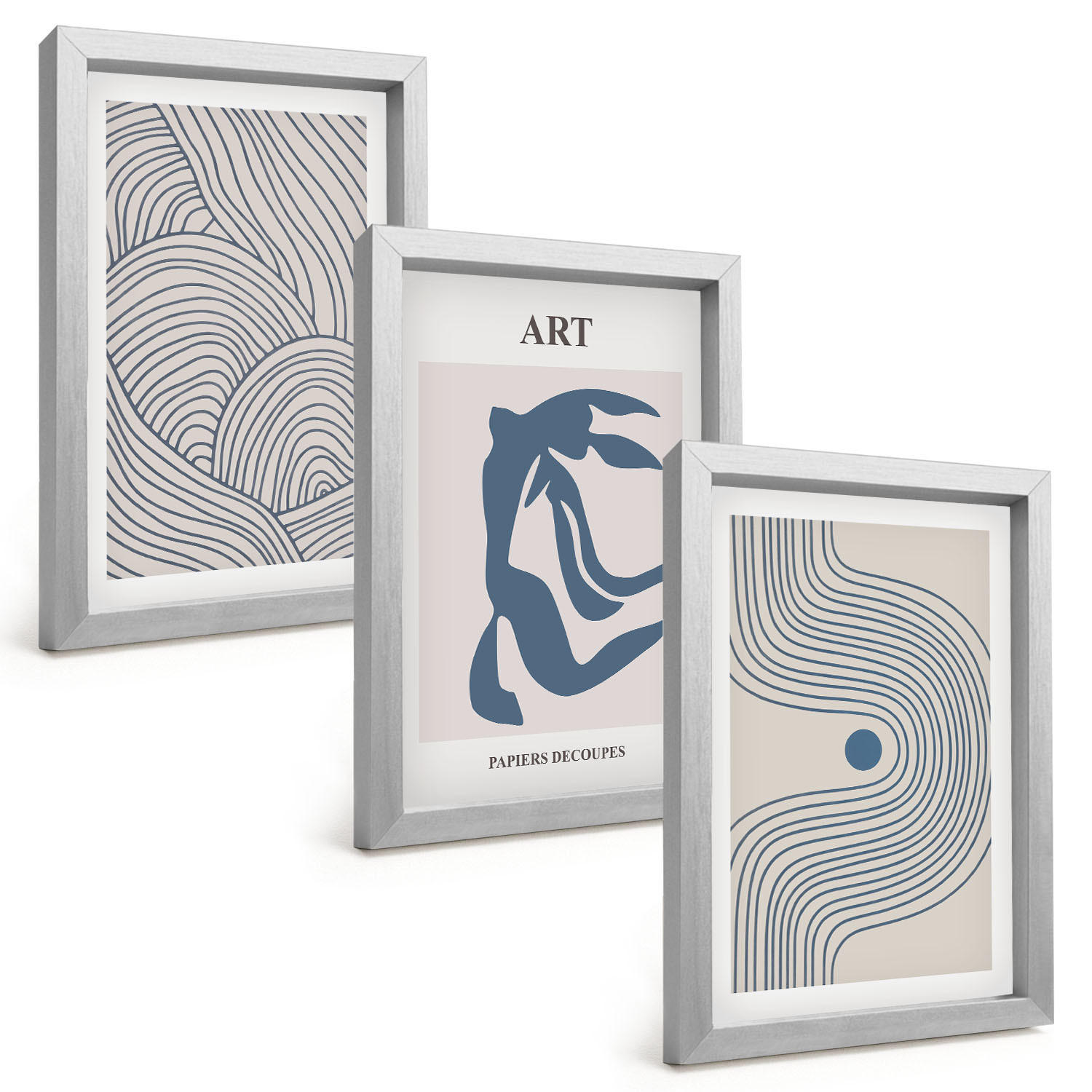 BILDER SET 3er Set - 20x30 cm Silberner Rahmen - Abstrakte blaue Linien - Silberfarben, Kunststoff (20/30cm) - TULUP
