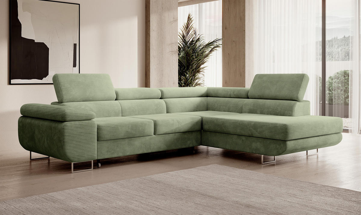 ECKSOFA Stevil Salbeigrün Cordbezug - Salbeigrün/Silberfarben, Textil/Metall (275/203cm) - Selsey