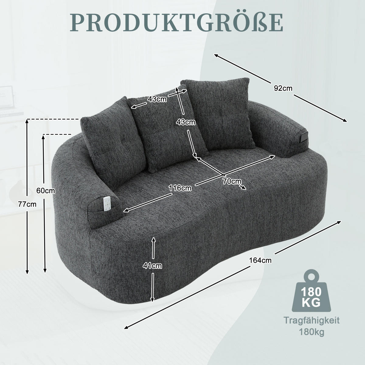 SOFA 2-Sitzer 164 x 92 x 60 cm Chenille Grau - Grau, Holzwerkstoff (164/60/92cm) - Meubliv