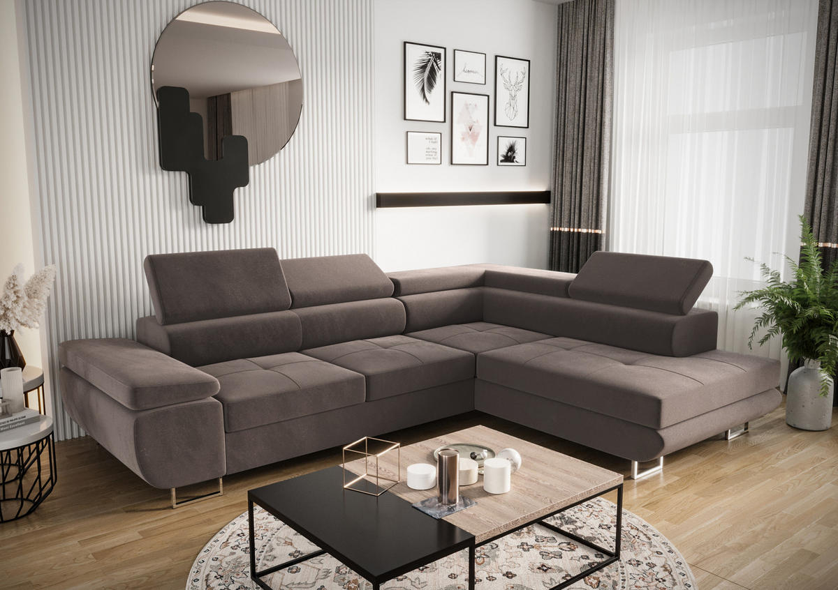ECKSOFA PRAGA DESIGN L, Eckcouch in L-Form mit Schlaffunktion, Farbe: Grau, Velourstoff, Ottomane Universal - Grau, Textil (275/202cm) - O-Sofa