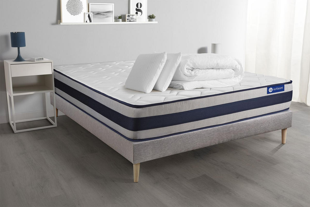 BETT Actilatex ergo Latex und Memory-Schaum 200 x 200 cm h3 - Kit Bettgestell Grau - Mit Kissen und Bettdecke - Beige/Grau, Holz/Textil (200/200cm) - ACTISOM