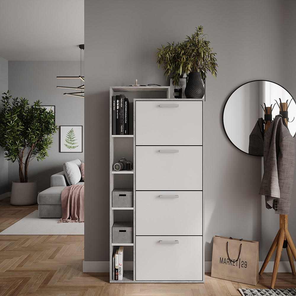 SCHUHKIPPER Orlando Weiß/Beton 80 x 166.1 cm mit 4 Fächern - Weiß/Grau, Holzwerkstoff (80/166.1/24.2cm) - Vicco