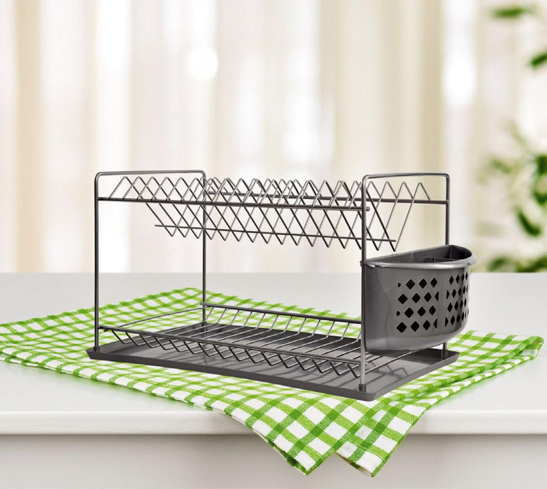 ABTROPFGESTELL 2 Etagen Untersetzer und Besteckkorb - Grau, Metall (38/23/23cm) - DanDiBo