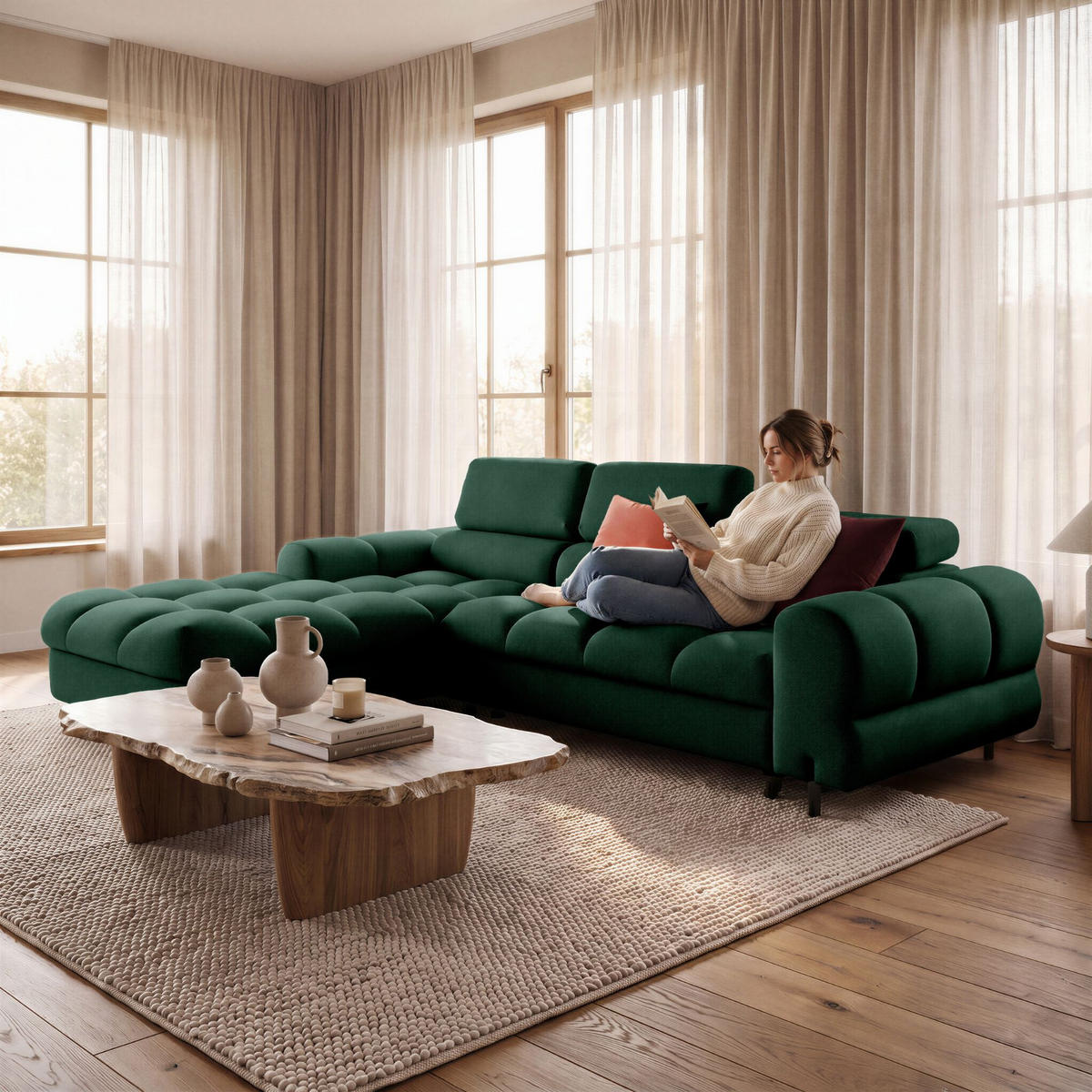 ECKSOFA UFFO L Links mit Schlaffunktion 260x195 Velours Dunkelgrün - Dunkelgrün/Schwarz, Holz/Textil (260/195cm) - Muffo