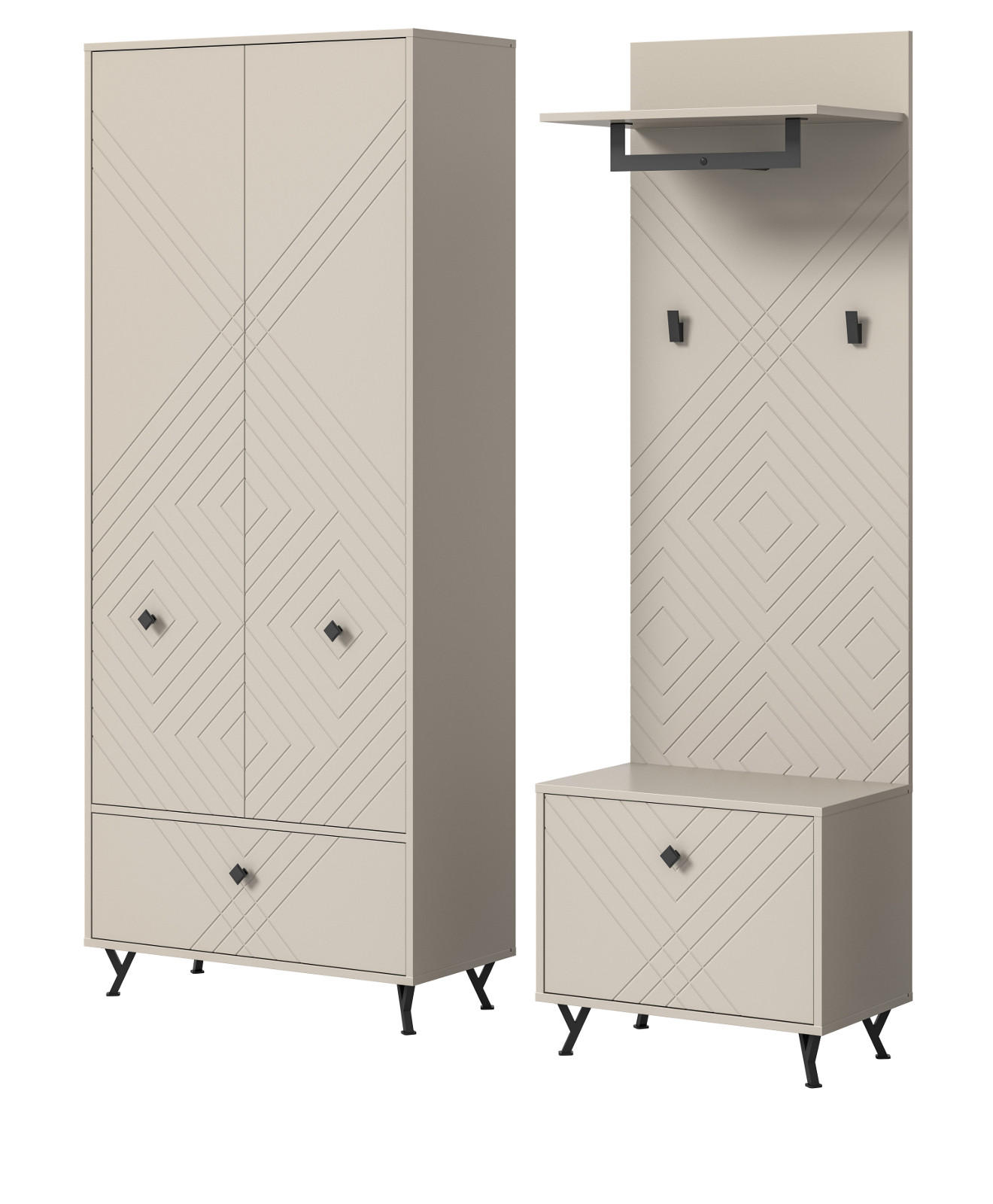 GARDEROBE Set 3-teilig Sand matt 195 cm, Garderobenkombination mit gefräster Struktur - Sandfarben/Beige, Holzwerkstoff/Metall (155/190/35cm) - Inn.Furn