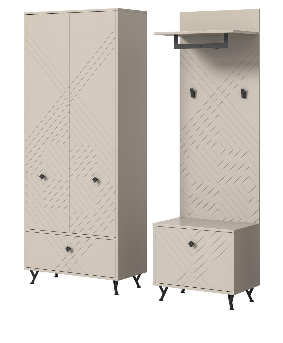 GARDEROBE Set 3-teilig Sand matt 195 cm, Garderobenkombination mit gefräster Struktur - Sandfarben/Beige, Holzwerkstoff/Metall (155/190/35cm) - Inn.Furn