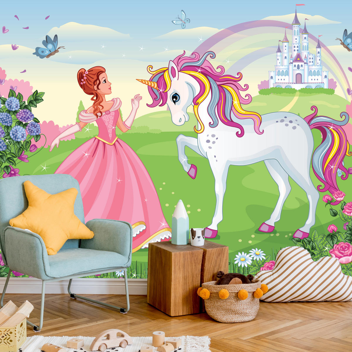 FOTOTAPETE für Kinderzimmer Prinzessin Einhorn Schloss Blumen 400x280 - Blau/Gelb, Papier (400/280cm) - Muralo