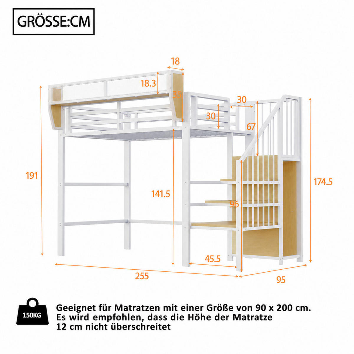 HOCHBETT 90/200 cm Weiß mit Sicherheitsleiter und flexiblem Staufach - Weiß, Metall (90/200cm) - Oxeza