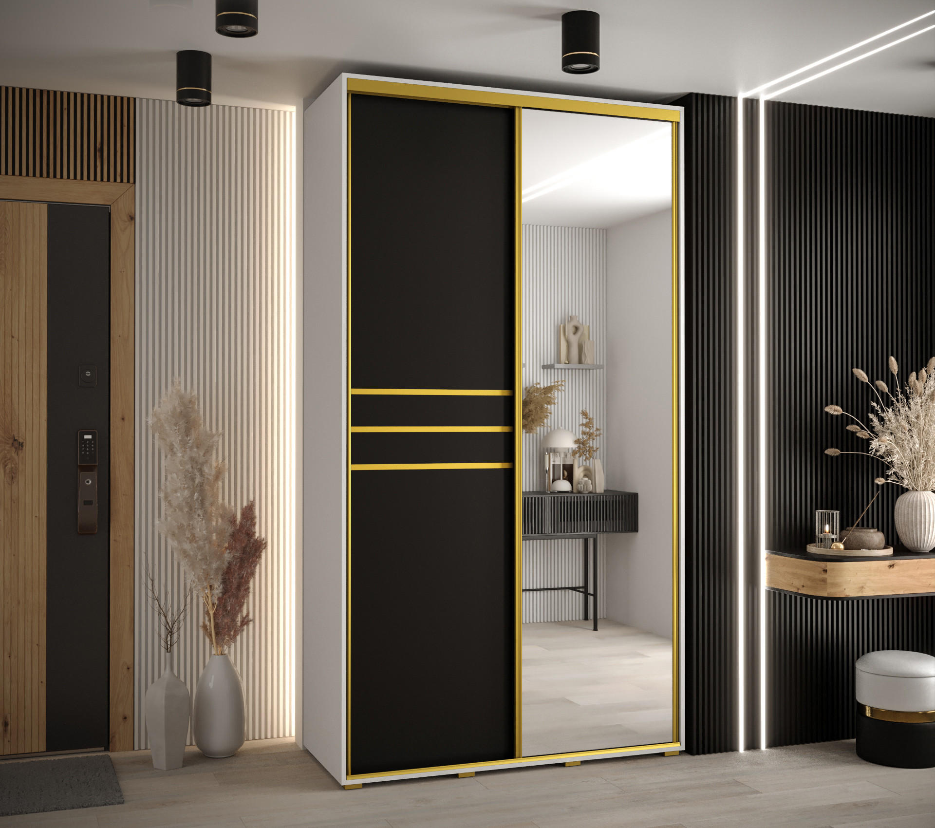 SCHWEBETÜRENSCHRANK 235,2/140/60 2-türig - Goldfarben/Schwarz, Holz/Metall (140/235/60cm) - Abiks Möbel