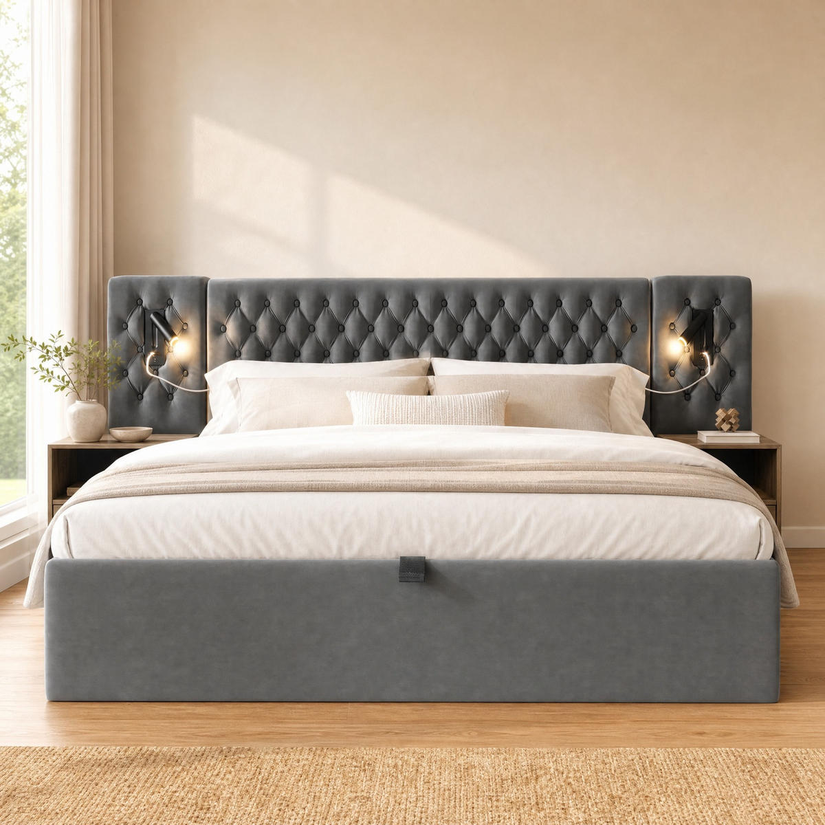 POLSTERBETT 180/200 mit 2 Nachttischen, Leselampen und USB in Grau - Grau, Holzwerkstoff/Textil (180/200cm) - EVRYAE