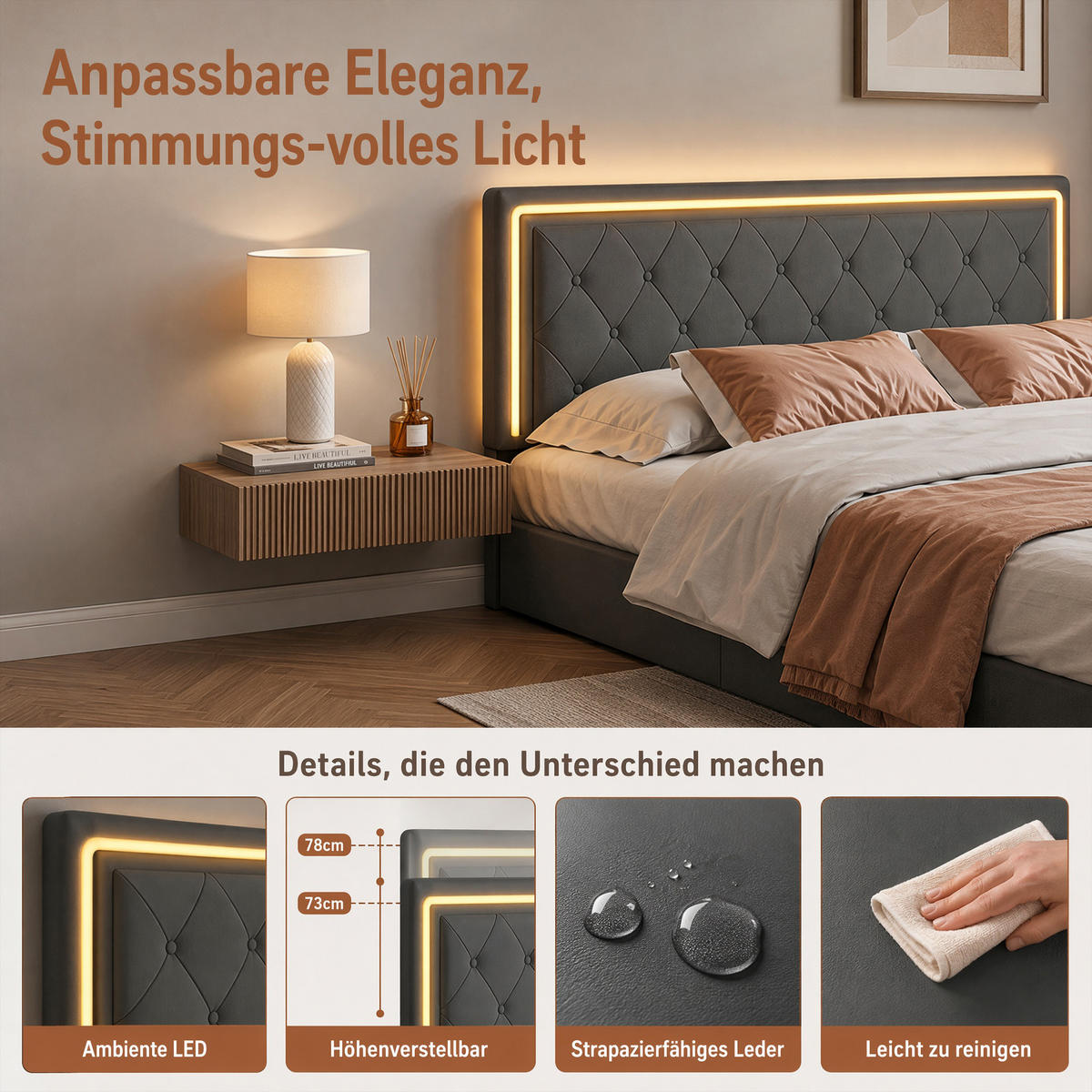 POLSTERBETT 160x200 mit LED und Stauraum, Lattenrost, doppelbett 160x200 mit 4 Schublade, höhenverstellbares Kopfteil, PU grau - Grau, Leder/Holz (160/200cm) - GENKI LIVING